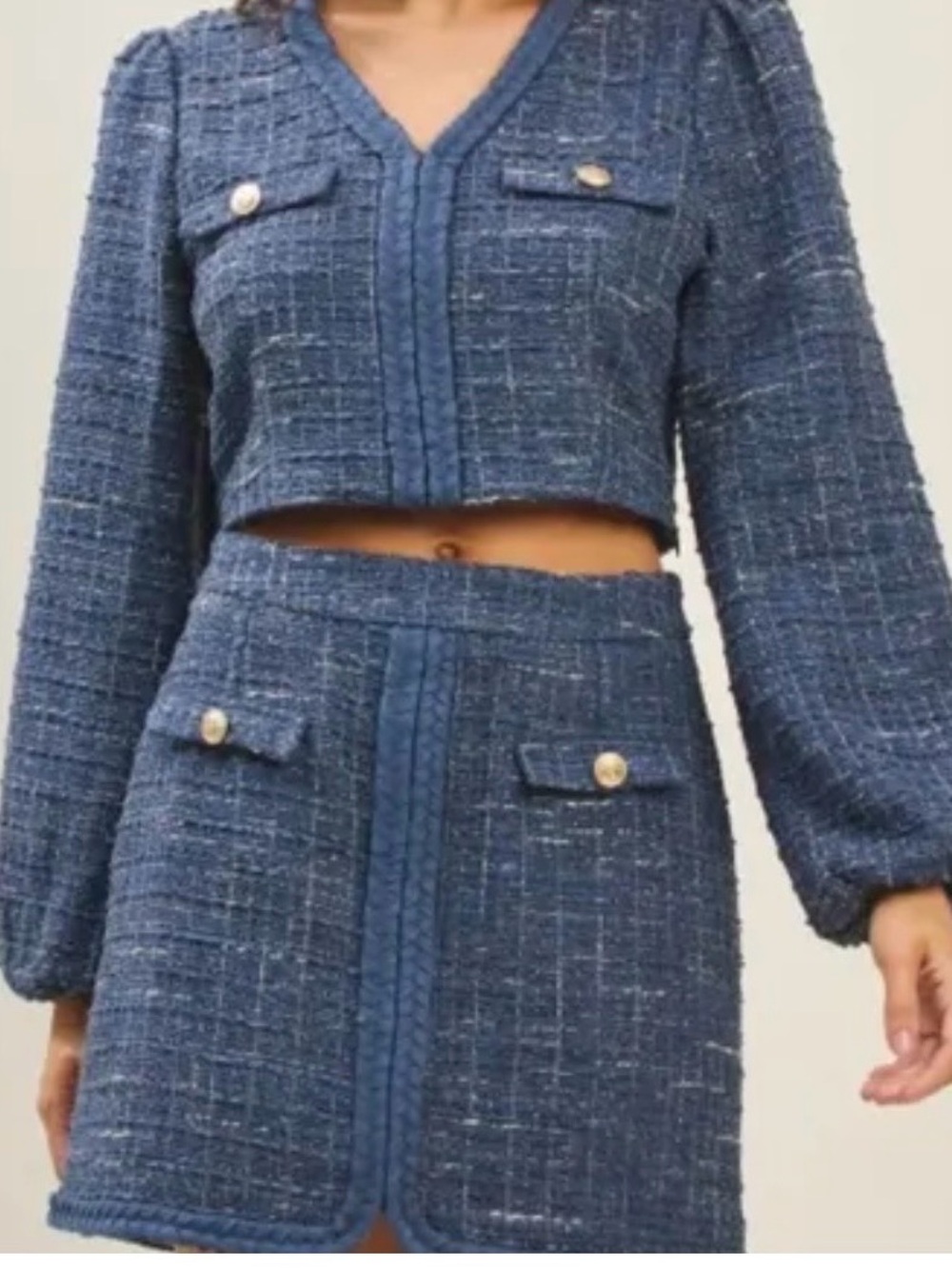 Navy Cropped Top Skirt Set Gold Button MEDIUM NWT